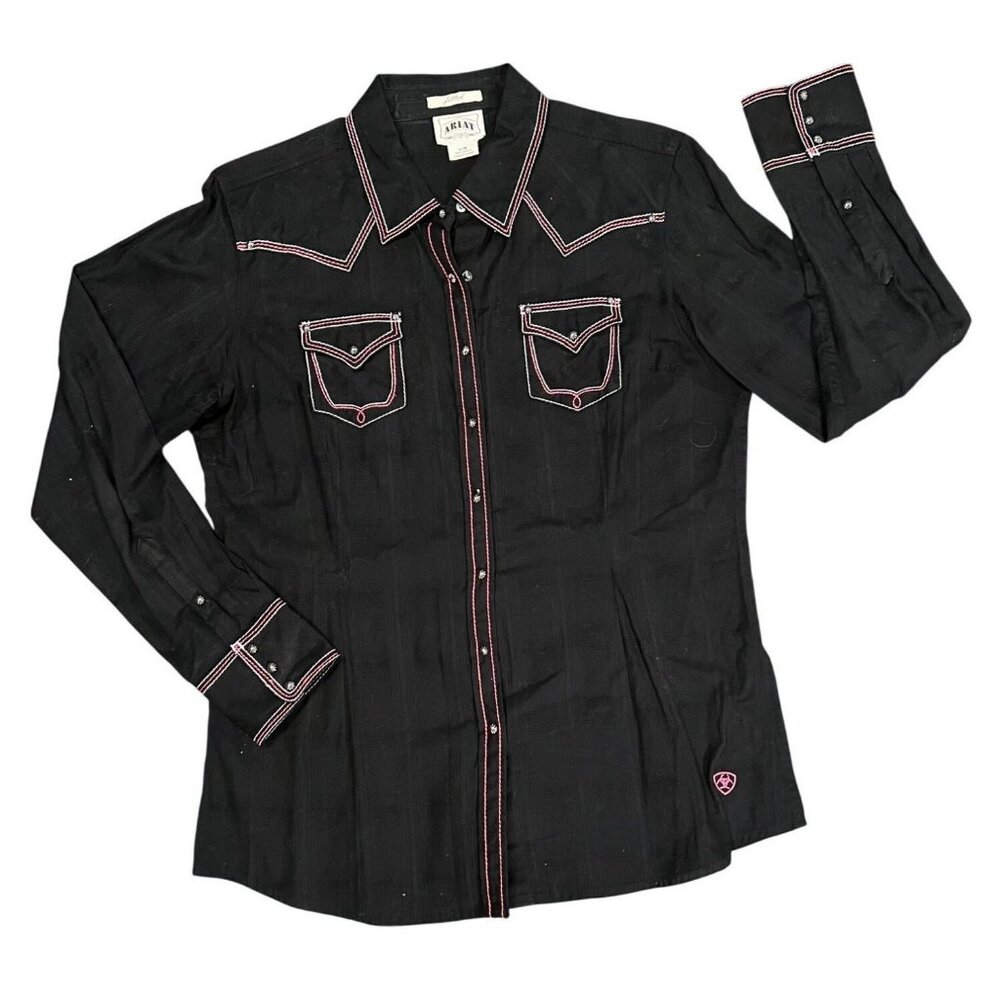Ariat women's black snap front embroidered shirt, front pockets, fitted Sz Large